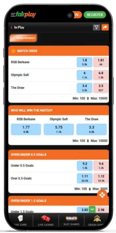Sports betting screen